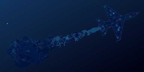 Abstract airplane silhouette with network connection on dark blue background