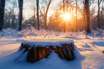 Snow-covered tree stump in a winter forest illuminated by warm golden sunlight during sunrise or sunset