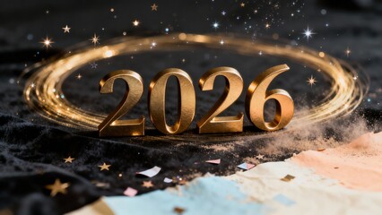 Golden 2026 with Sparkling Stars and Confetti. Futuristic Celebration with Glitter and Stars.