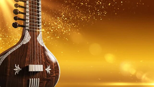 Veena Musical Banner with Ornate Wooden Veena Shining Strings Soft Temple Light Reflections