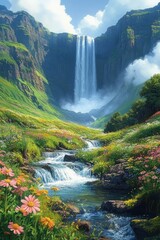 Fototapeta premium Majestic waterfall cascading down rugged cliffs into a flowing stream surrounded by vibrant wildflowers and lush green mountains under a bright blue sky