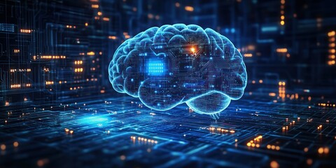 Digital representation of a glowing brain with integrated circuitry and data nodes in a high-tech futuristic environment