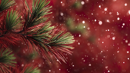 Green pine branch with snowflakes falling against red festive background creating warm and joyful winter holiday atmosphere
