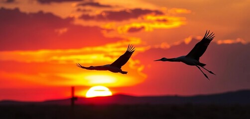 Three sandhill cranes in silhouette soar against a vibrant New Mexico sunset over the Bosque del Apache National Wildlife Refuge,  landscape,  orange © Kristian PR.