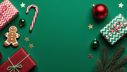 Vibrant Christmas scene with green background, festive gifts, gingerbread man, candy cane, and holiday ornaments. Perfect for seasonal content.
