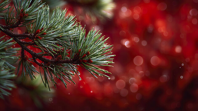 Pine branch with green needles and water droplets on blurred red background creating festive and fresh atmosphere in nature