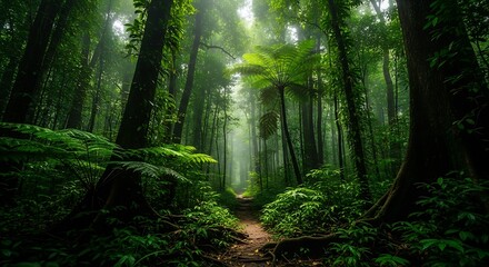 Fototapeta premium Enchanting Trail Through Lush Green Rainforest A Serene Nature Walk in the Jungle