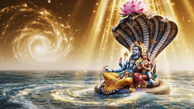 Vishnu resting on serpent Ananta in cosmic ocean, soft light rays from lotus, gentle wave animation