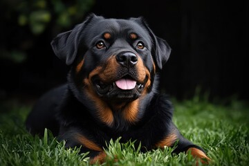 happy black and brown dog lying on green grass with tongue out and attentive expression in natural outdoor setting