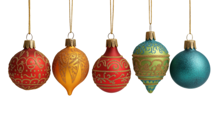 Colorful Christmas Ornaments Hanging on White Background