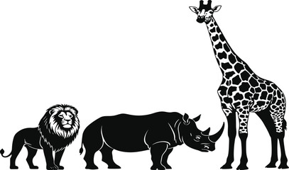 Black silhouette of lion rhinoceros and giraffe animals on white background safari © Asad Creative