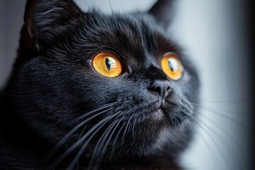 Close-up of a black cat with bright amber eyes gazing intently, showing detailed fur texture and long whiskers with soft lighting