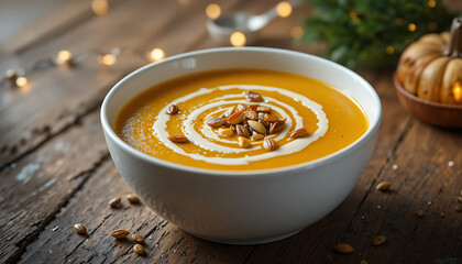 Creamy pumpkin soup with swirl and toppings on rustic wooden table