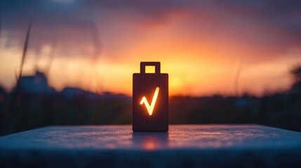 wooden lantern with a glowing square root symbol cutout sitting on a surface at sunset with a blurred natural background