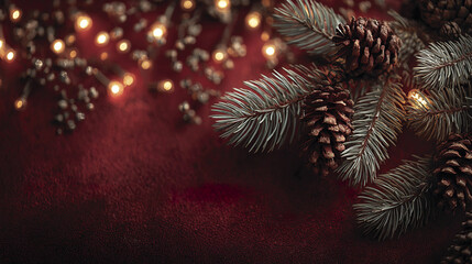 Seasonal holiday composition with pine sprigs and pine cones on dark red background with warm glowing lights creating cozy festive atmosphere