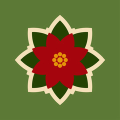 Christmas sticker. Red poinsettia with green leaves and a white border on a green background. Vector illustration. Bright festive background. New Year's stickers. Greeting card.