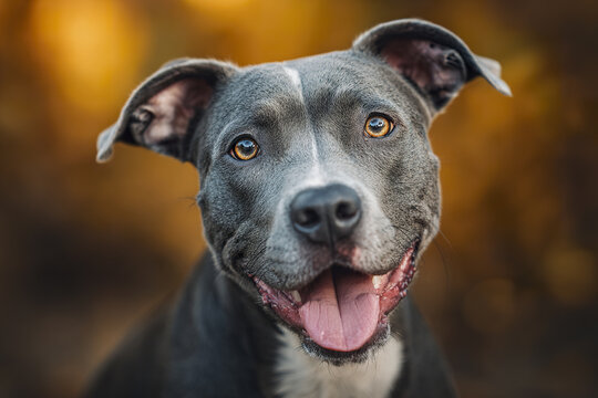 Smiling grey dog with amber eyes looking at camera with natural bokeh background creating warm and soft atmosphere in outdoor setting - Powered by Adobe