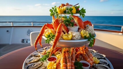 Tiered seafood platter with crab, shrimp, oysters, lemons, and sauces, ocean backdrop