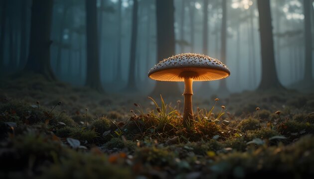 Glowing Mushroom in Misty Forest. mush