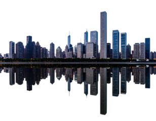 City skyline at dusk, mirrored in still water, featuring tall buildings and soft city lights