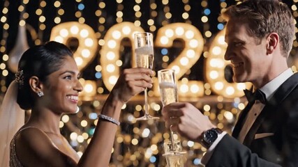 Joyful couple celebrates a significant milestone with sparkling champagne toast, ushering in the New Year 2020 amidst festive lights and heartfelt cheers