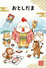 2029年の正月を描いた酉と干支の和風お年玉袋デザイン