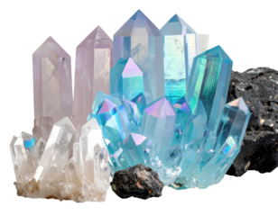Various translucent quartz crystals, some iridescent, clustered together with dark rock chunks