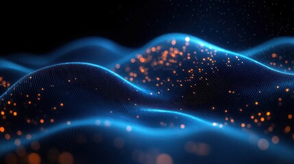 Abstract digital waves glowing with blue light and scattered orange particles creating a futuristic and dynamic visual effect
