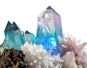 Iridescent crystal formations of various colors emerge against a black backdrop