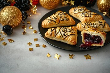 Four golden puff pastries with chocolate drizzle on a black plate, one opened to reveal a juicy red fruit filling, surrounded by festive gold and black Christmas decorations