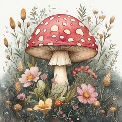 Detailed watercolor illustration of a large red and white spotted mushroom surrounded by delicate wildflowers and foliage, evoking a serene and natural forest atmosphere