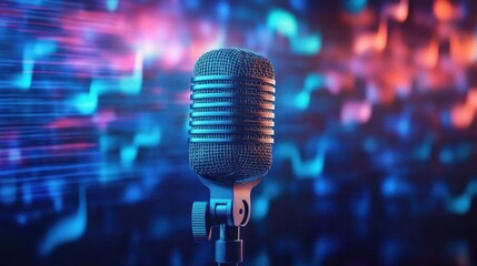 Close up of a vintage microphone with colorful blurred light and musical notes background, evoking a vibrant and lively audio performance atmosphere