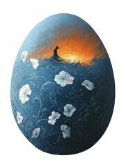 Oval-shaped artwork featuring a silhouette of a person sitting amidst glowing orange light contrasted against a dark blue background with artistic white flowers and swirling vines