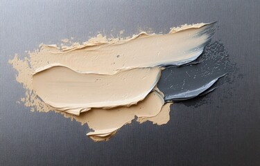Thick textured beige and gray paint smears on a dark canvas creating an abstract layered pattern