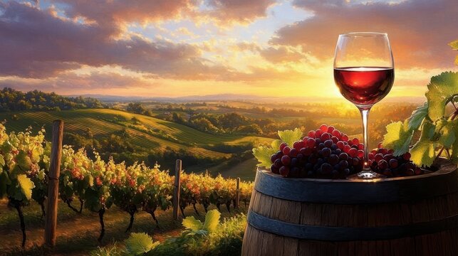 Sunset over a vineyard landscape with rows of grapevines, a barrel topped with a glass of red wine and a bunch of grapes, warm and serene atmosphere - Powered by Adobe