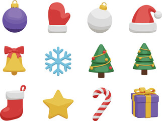 Set of 3D style Christmas icons featuring trees ornaments mitten and purple gift, cad drawing flat vector illustration