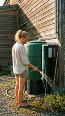 Woman watering garden plants using rainwater harvesting system.