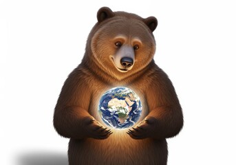 Fototapeta premium Cute Bear Holding Globe with Africa View Symbolizing Nature Conservation and Global Awareness