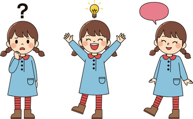 Set of cute little girl poses thinking wondering having idea and talking with speech bubble cad drawing flat vector illustration