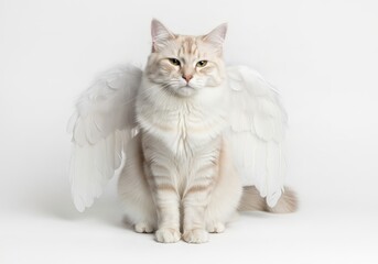 Obraz premium Elegant Cat with Angel Wings Sitting Gracefully on a White Background for Magical Imagery
