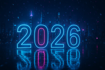 Futuristic neon 2026 sign with cityscape background and confetti