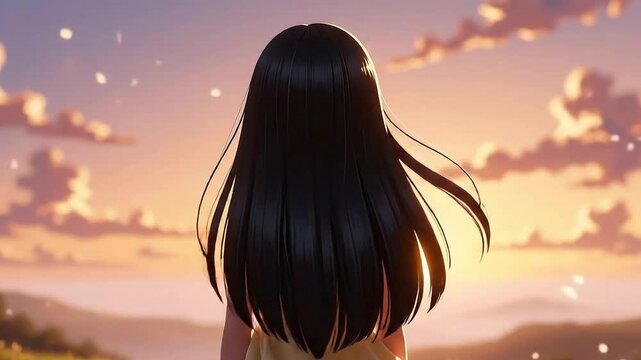 Anime Girl with Long Black Hair Looking at a Soft Sunset Sky woman long hair