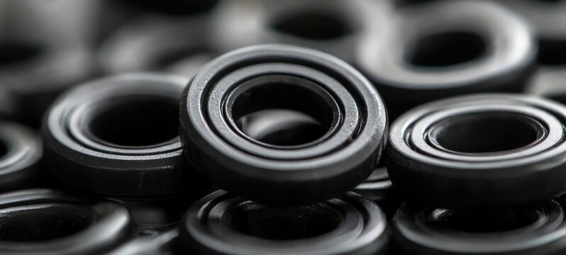 Close-up view of multiple small black rubber or plastic gaskets or washers stacked closely together creating a pattern of concentric circles and smooth textures