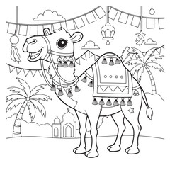 Joyful cartoon camel adorned with festive tassels and bells under decorative lanterns and palm trees