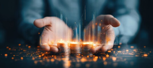 Hands protecting stacks of coins with glowing financial data and graphs rising above them symbolizing investment growth and digital finance