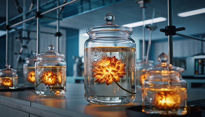 Mysterious glowing flora cultivated in elegant glass jars on a modern laboratory bench, symbolizing advanced scientific research and biotechnology discoveries