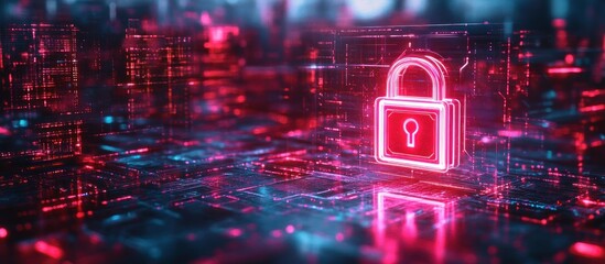 Glowing neon padlock surrounded by digital circuitry representing cybersecurity and data protection in a futuristic technology environment