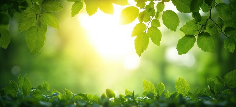 Bright sunlight streaming through fresh green leaves framing a lush forest background, evoking a peaceful and refreshing natural atmosphere - Powered by Adobe