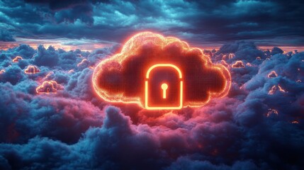 Glowing digital cloud icons with security padlock symbols floating among dark stormy clouds, symbolizing cloud data protection and cybersecurity