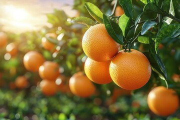 Bright ripe oranges hanging on branches with green leaves in an orchard under sunlight at golden hour